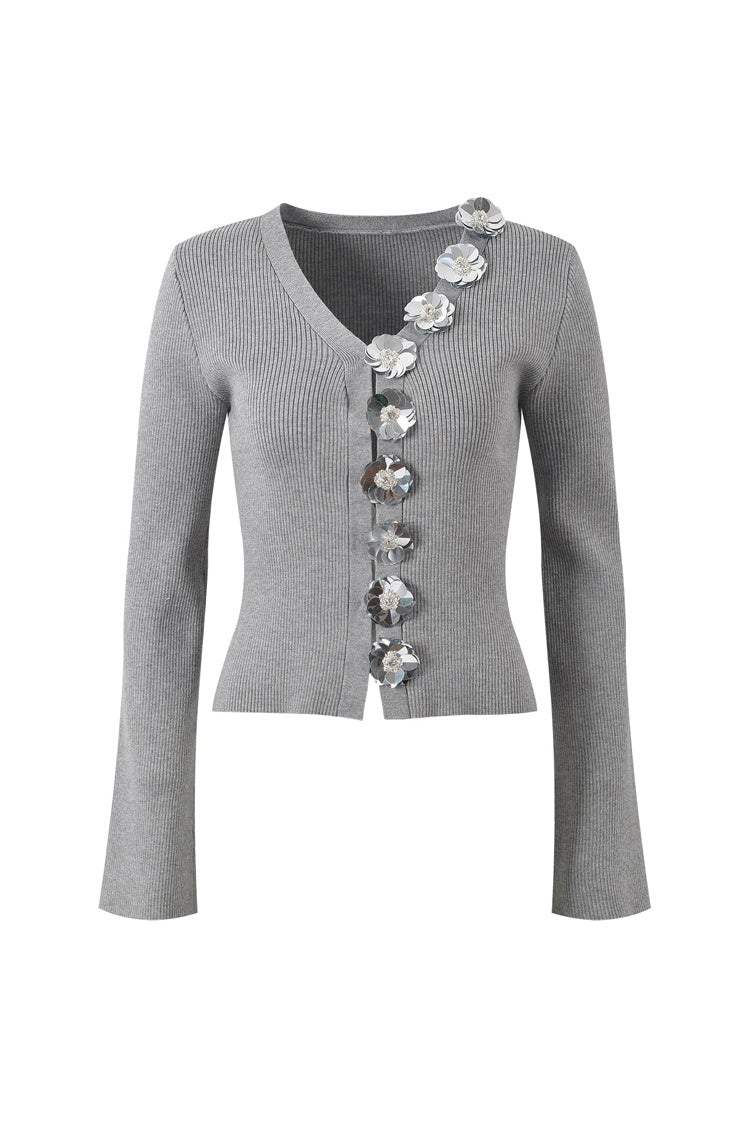 Sparkly V Neck Long Sleeve Cinched Waist Knit Cardigan