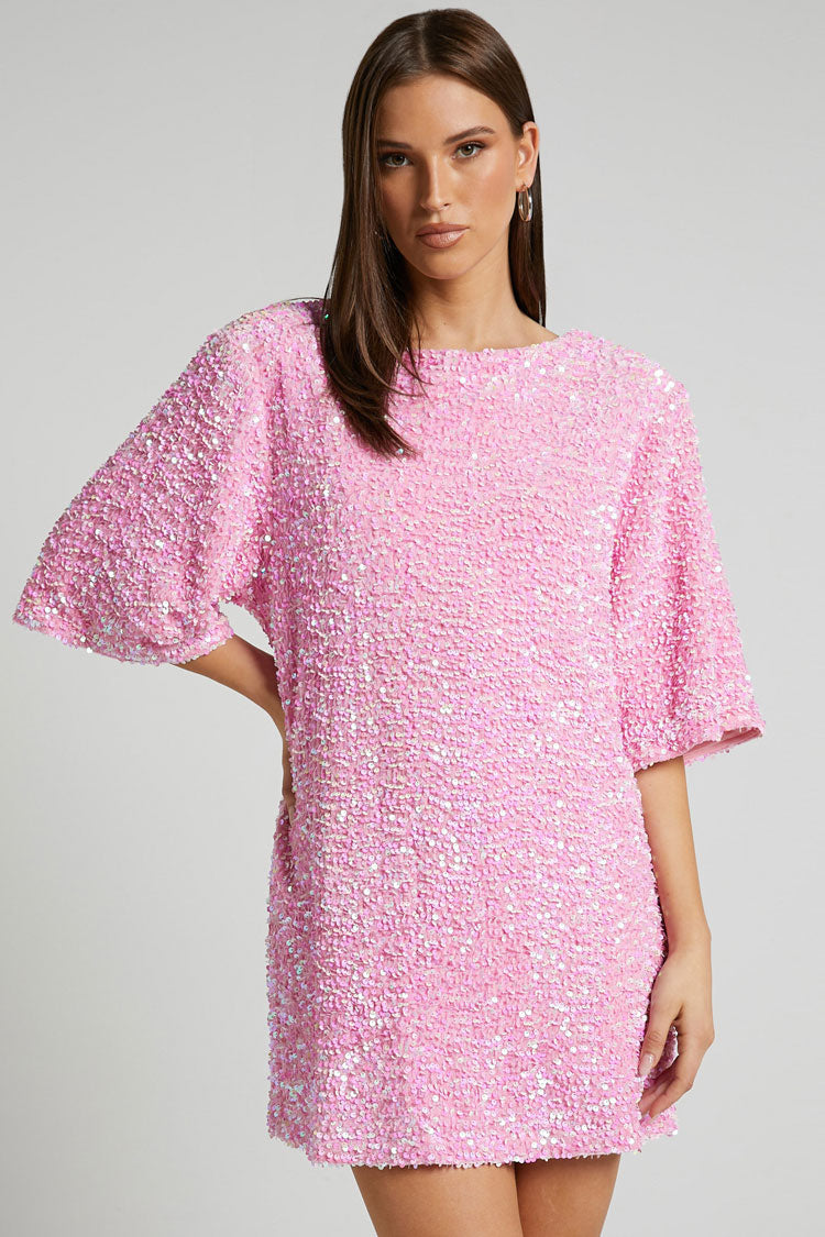 Sparkly Sequin Crew Neck Short Sleeve Oversized Velvet Party Mini Dress - Pink  Fashionpara