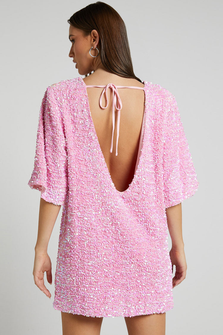 Sparkly Sequin Crew Neck Short Sleeve Oversized Velvet Party Mini Dress - Pink  Fashionpara