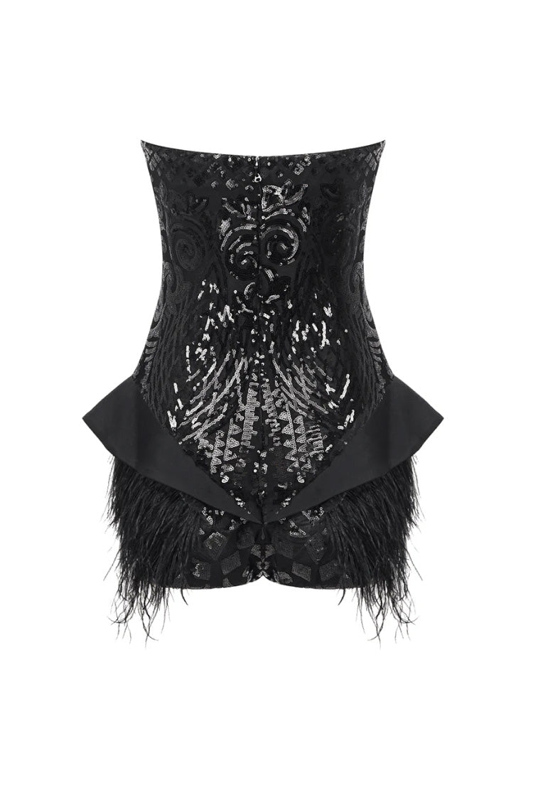 Sparkly Sequin Embroidered Lace Strapless Feather Trim Peplum Bodysuit - Fashionpara