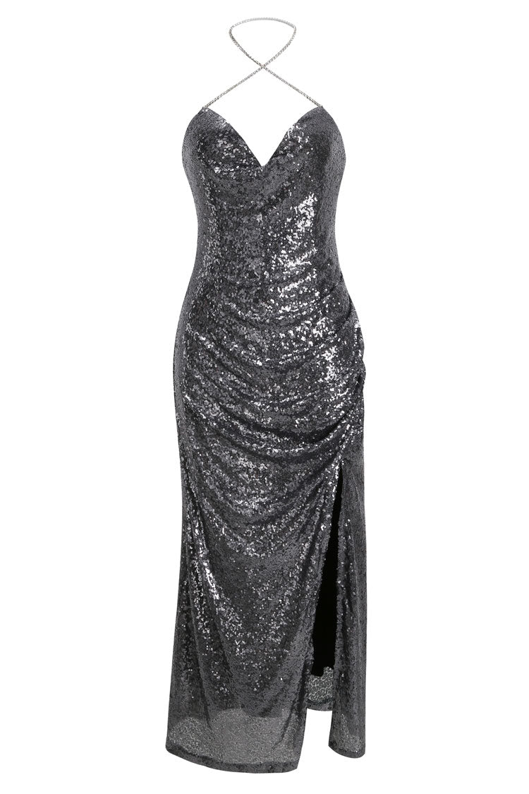 Sparkly Sequin Halter Cowl Neck High Slit Evening Maxi Dress - Silver  Fashionpara