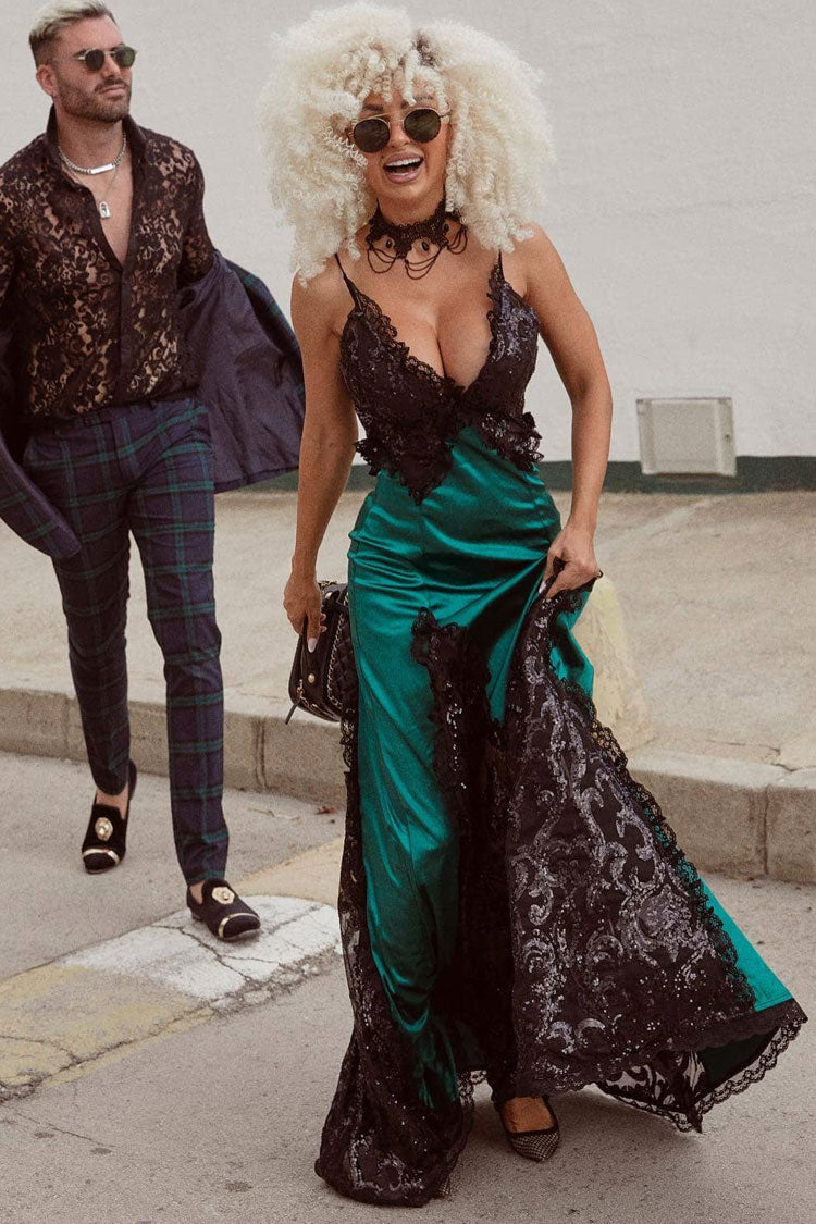 Sequin Lace Trim Deep V-Neck Spaghetti Strap High Split Maxi Dress