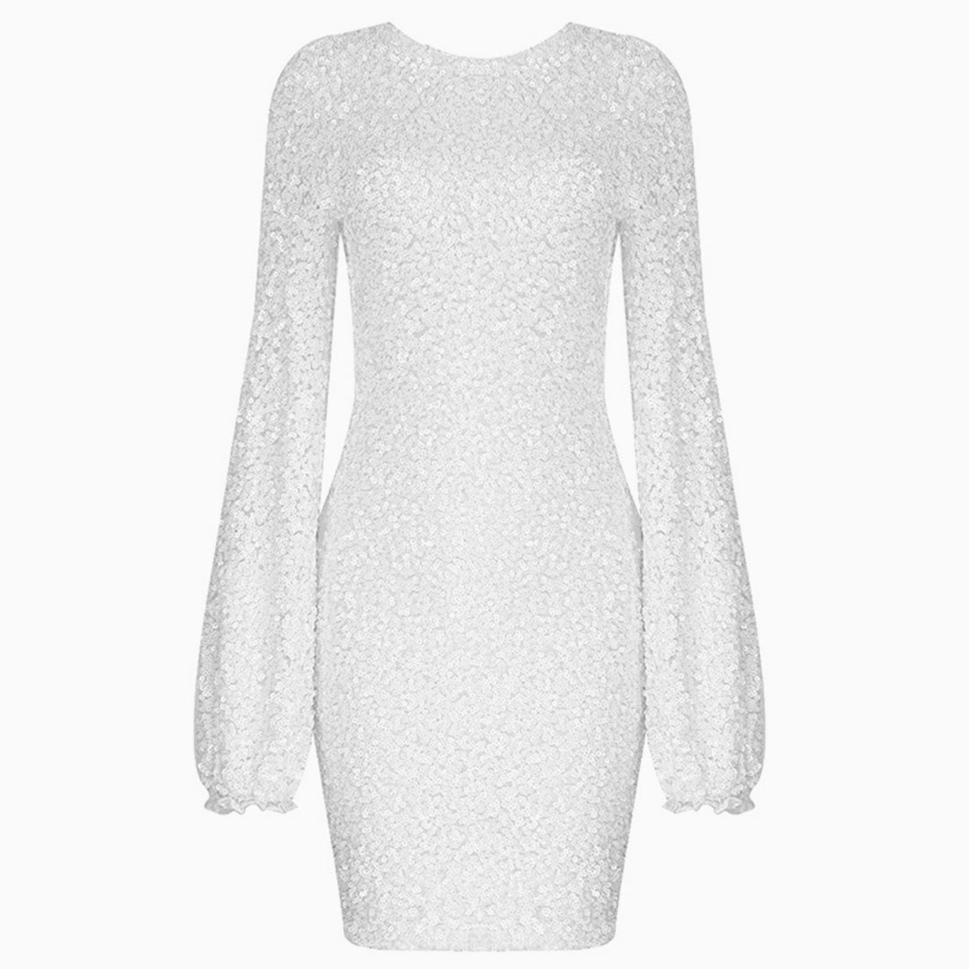 Sequin Lacy Long Sleeve Party Mini Dress - White