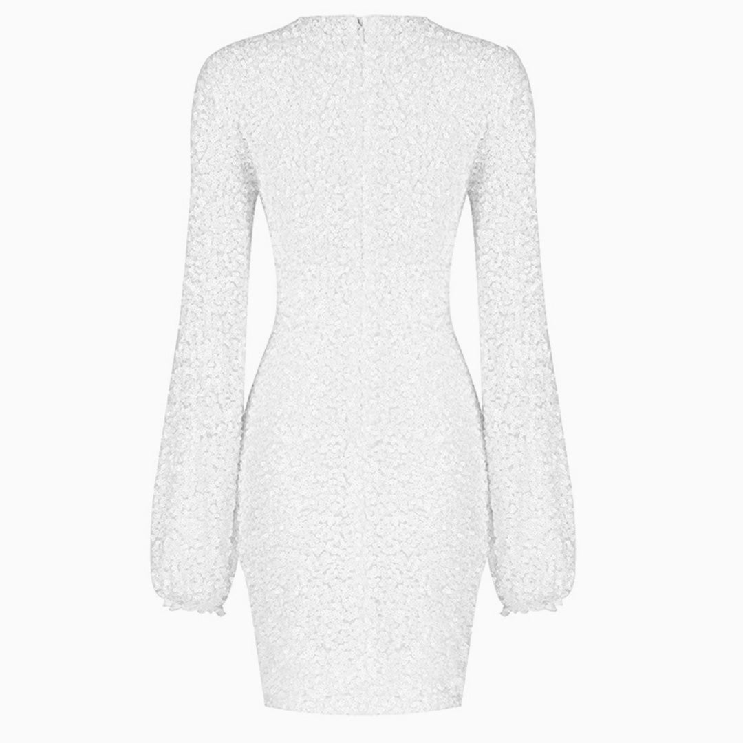 Sequin Lacy Long Sleeve Party Mini Dress - White