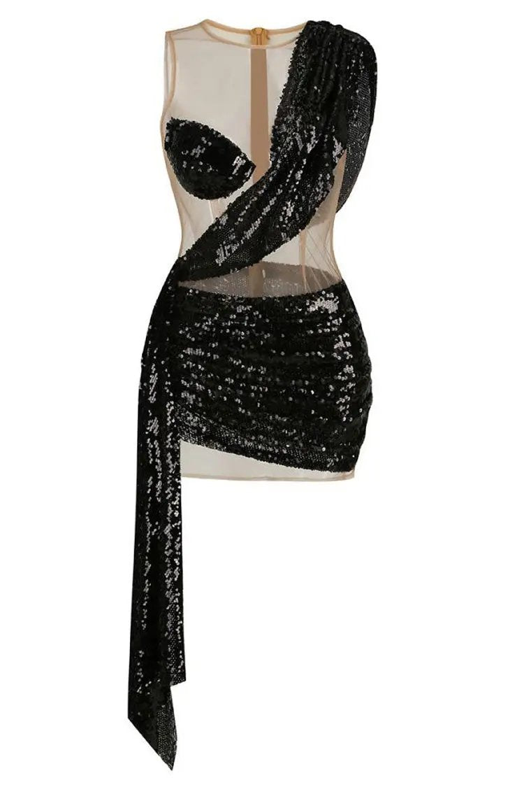 Sparkly Sequin Panel Sheer Mesh Ruched Draped Bodycon Club Mini Dress - Black  Fashionpara