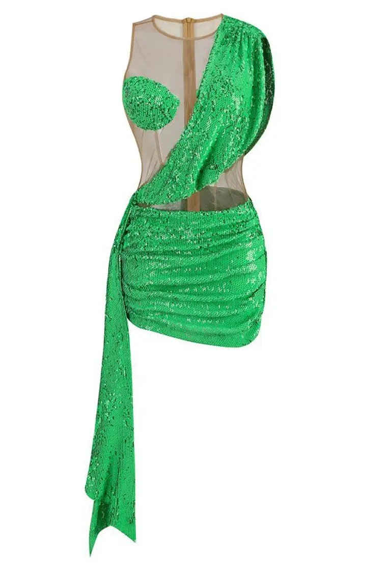 Sparkly Sequin Panel Sheer Mesh Ruched Draped Bodycon Club Mini Dress - Green  Fashionpara