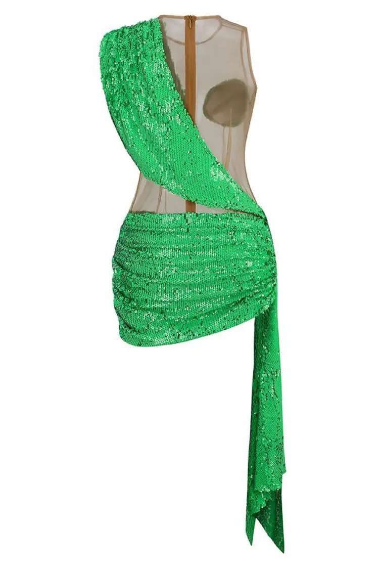 Sparkly Sequin Panel Sheer Mesh Ruched Draped Bodycon Club Mini Dress - Green  Fashionpara
