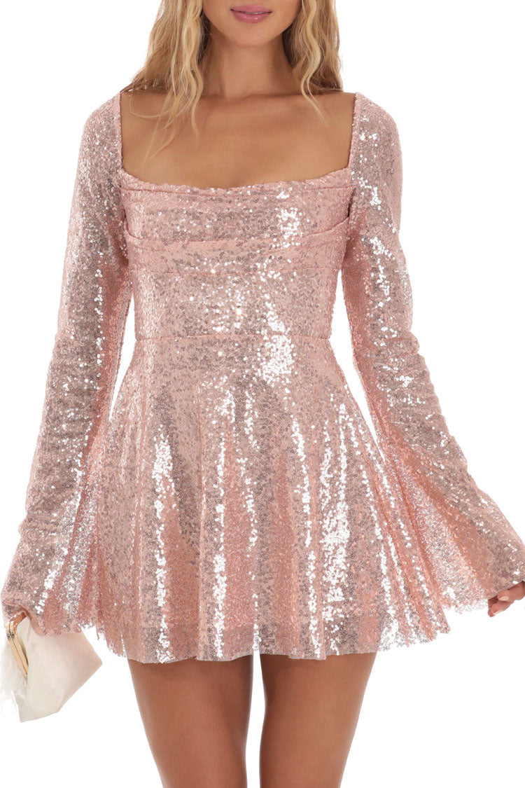 Sequin Square Neck Bell Sleeve Fit and Flare Mini Dress