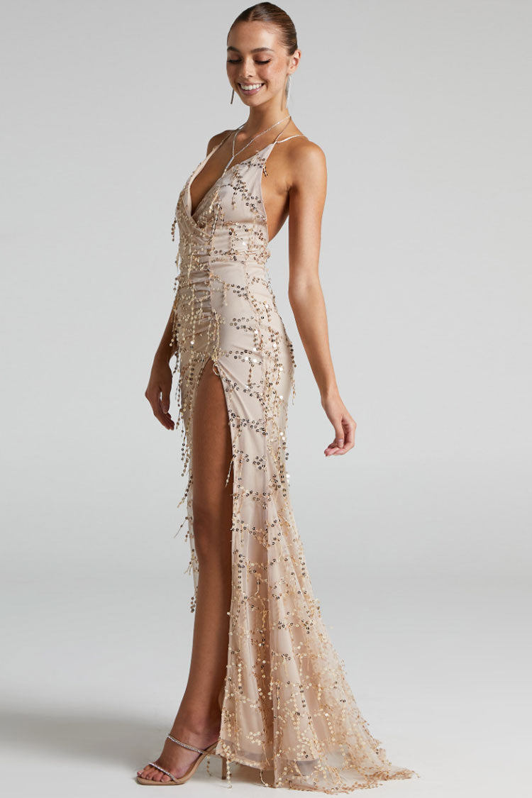 Sparkly Sequin Plunging High Split Backless Evening Maxi Dress - Champagne - Fashionpara