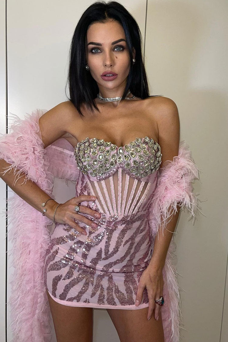 Sequin Strapless Crystal Bustier Corset Mini Party Dress