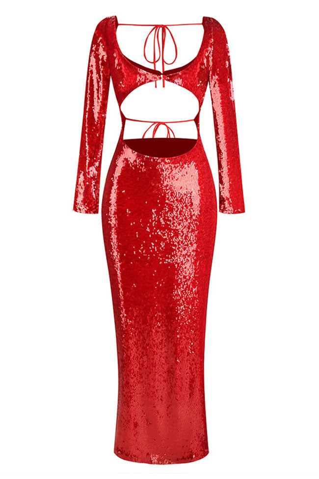 Sparkly Sequin Scoop Neck Bra Long Sleeve Split Cutout Evening Maxi Dress - Red  Fashionpara