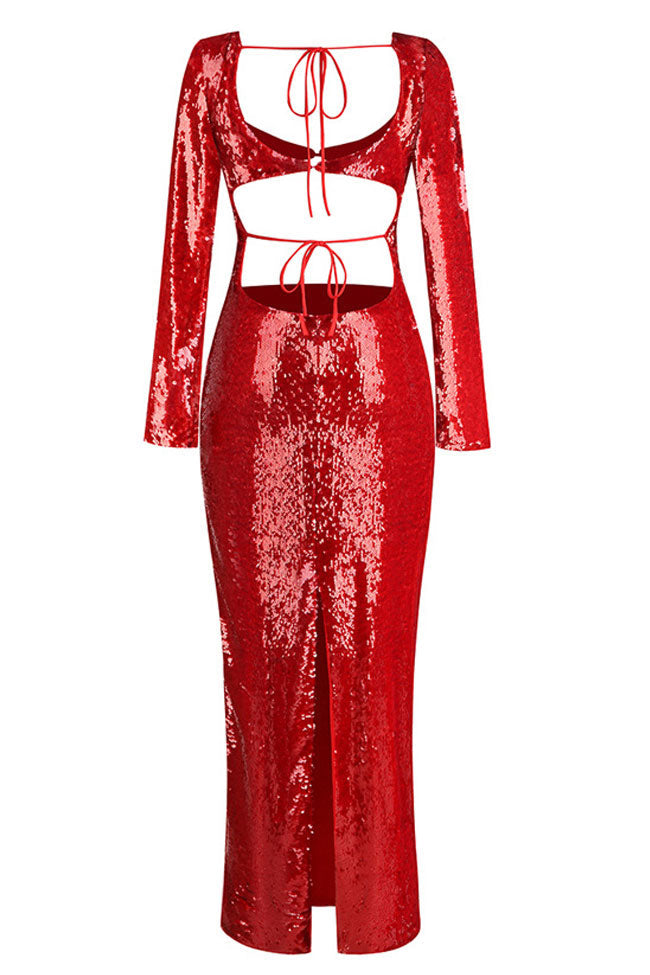 Sparkly Sequin Scoop Neck Bra Long Sleeve Split Cutout Evening Maxi Dress - Red  Fashionpara