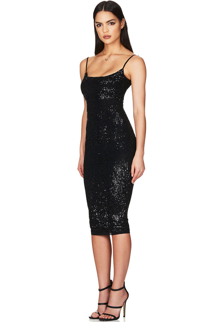 Sequin Scoop Neck Spaghetti Strap Bodycon Midi Dress in Black - View 2