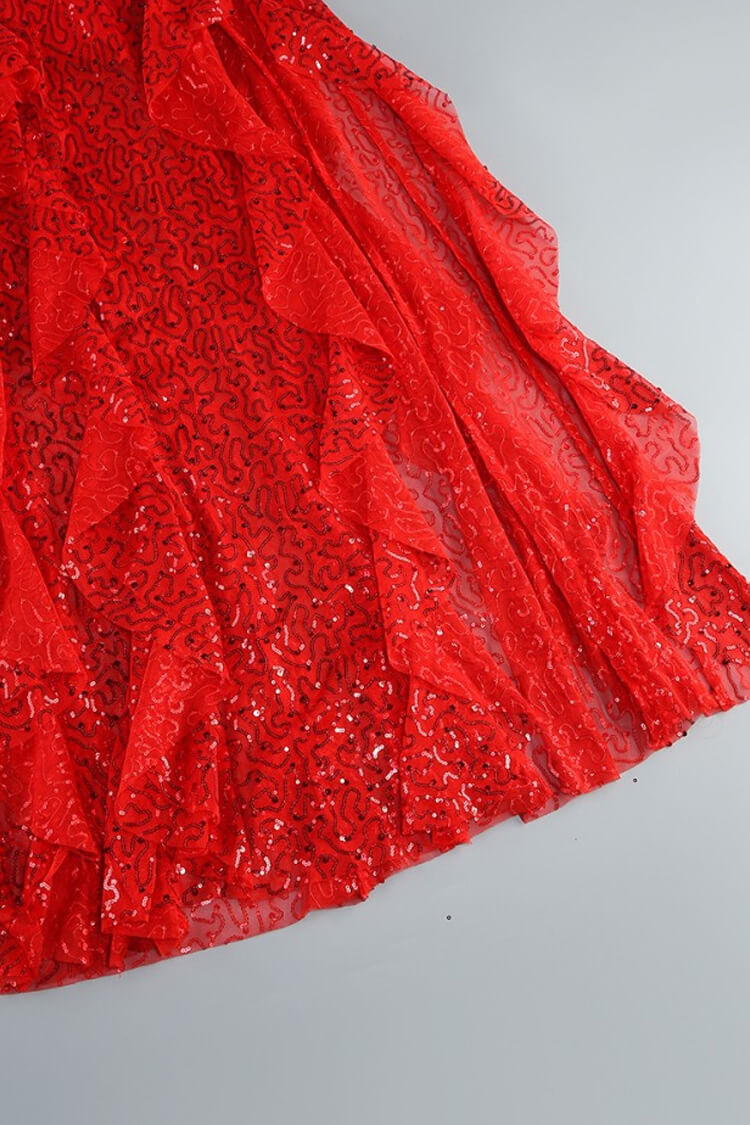 Sparkly Sequin Sleeveless Bustier Bodysuit Split Ruffle Evening Maxi Dress