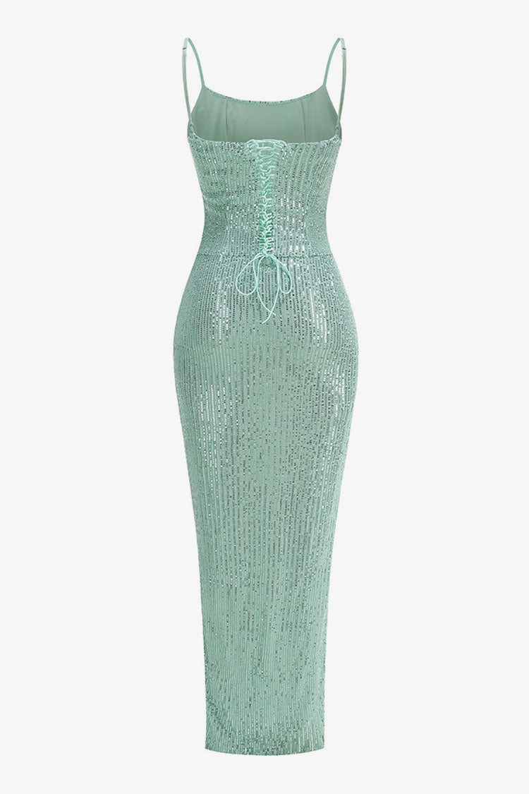 Sparkly Sequin Spaghetti Strap Lace Up Twisted Ruched Split Evening Maxi Dress