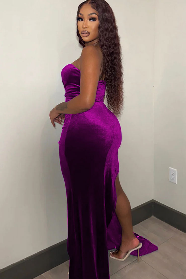 Sparkly Sequin Strapless Draped High Split Velvet Evening Maxi Dress - Fuchsia  Fashionpara