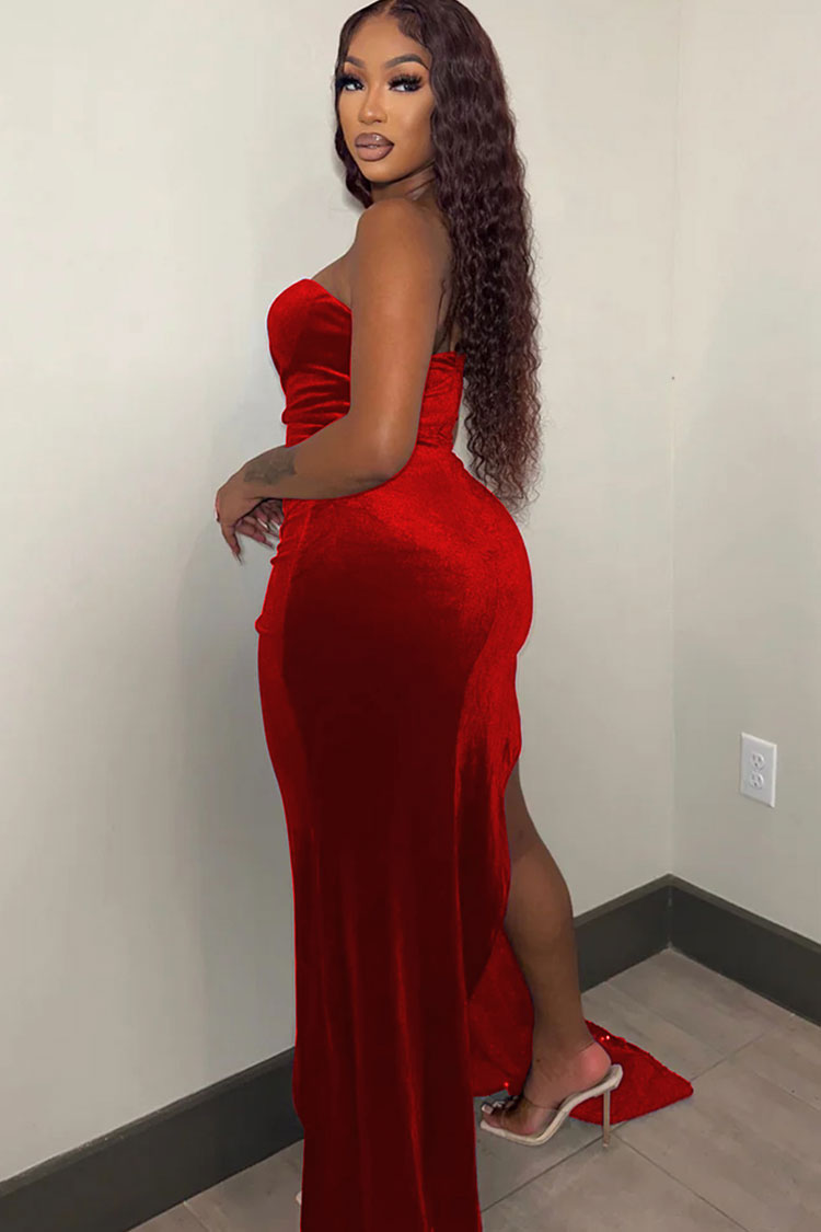 Sparkly Sequin Strapless Draped High Split Velvet Evening Maxi Dress - Red  Fashionpara