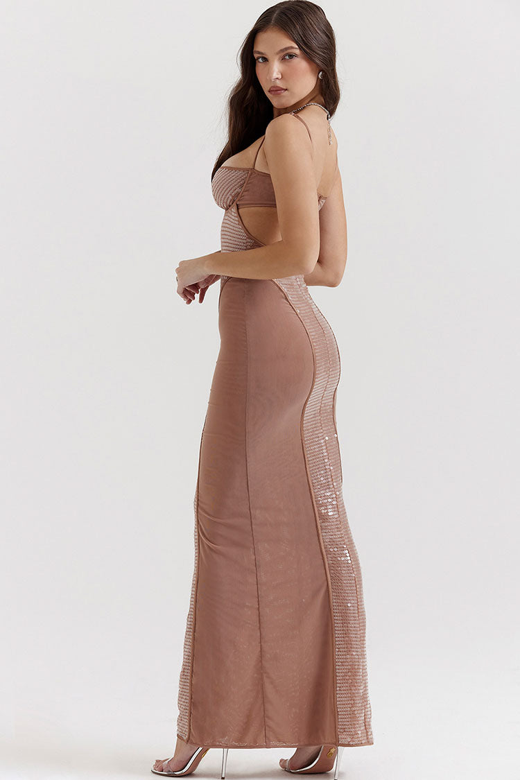 Sparkly Sequin Sweetheart Cutout Sleeveless Evening Maxi Dress - Nude  Fashionpara