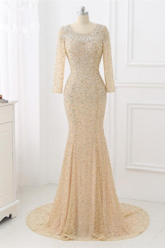 Sparkly Sequined Jewel Mermaid Prom Dresses with Long Sleeves - Fashionpara