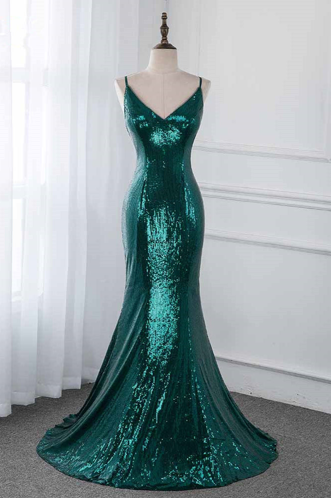 Sparkly Sequined Spaghetti Straps V-Neck Prom Dresses with Backless - Fashionpara