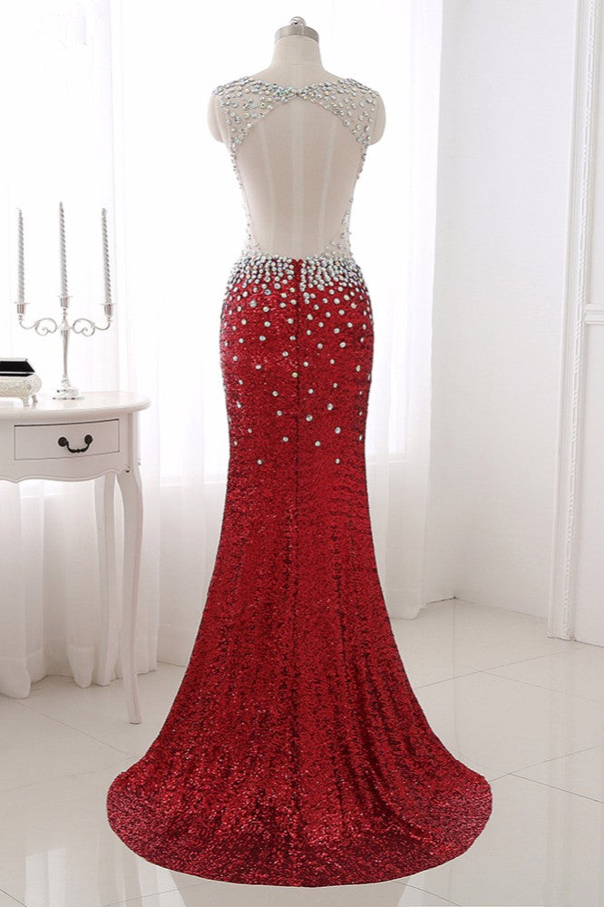 Sparkly Sequined V-Neck Burgundy Mermaid Prom Dresses with Rhinestone Top - Fashionpara