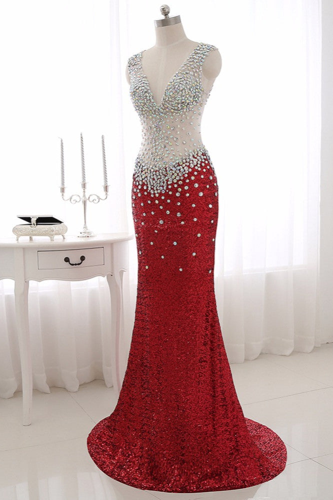 Sparkly Sequined V-Neck Burgundy Mermaid Prom Dresses with Rhinestone Top - Fashionpara