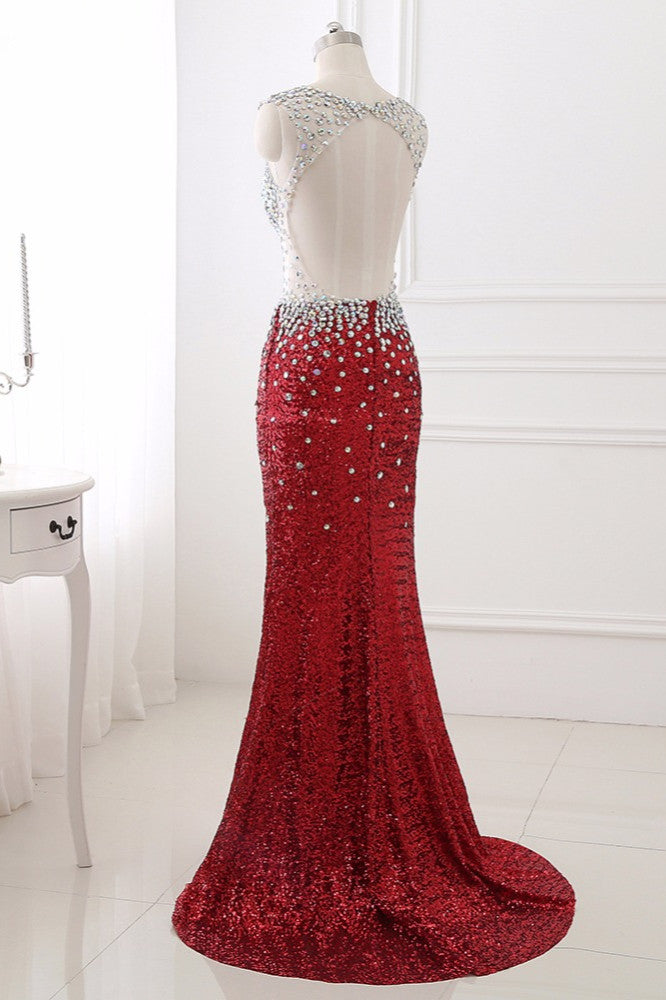 Sparkly Sequined V-Neck Burgundy Mermaid Prom Dresses with Rhinestone Top - Fashionpara