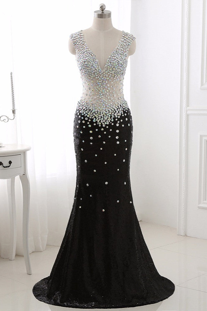 Sparkly Sequined V-Neck Burgundy Mermaid Prom Dresses with Rhinestone Top - Fashionpara