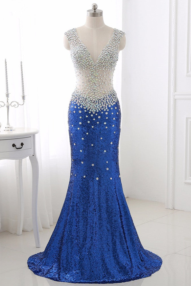 Sparkly Sequined V-Neck Burgundy Mermaid Prom Dresses with Rhinestone Top - Fashionpara