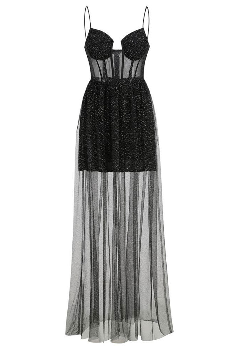 Sparkly Sweetheart Cami Sheer Tulle Corset Evening Maxi Dress - Black  Fashionpara