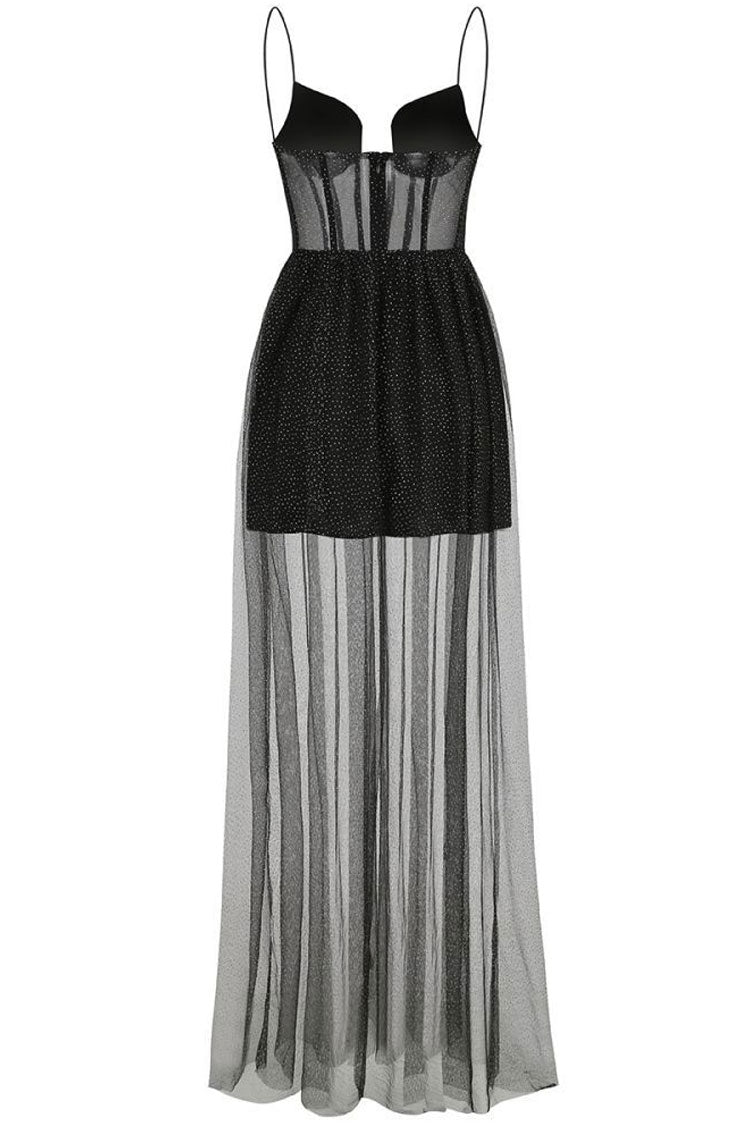 Sparkly Sweetheart Cami Sheer Tulle Corset Evening Maxi Dress - Black  Fashionpara
