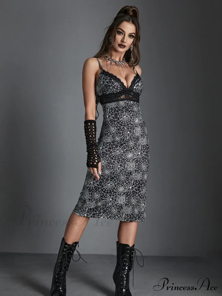 Spider Web Print Lace Trim Sexy Hollow Out V Neck Chest Wrapping Bodycon Dress
