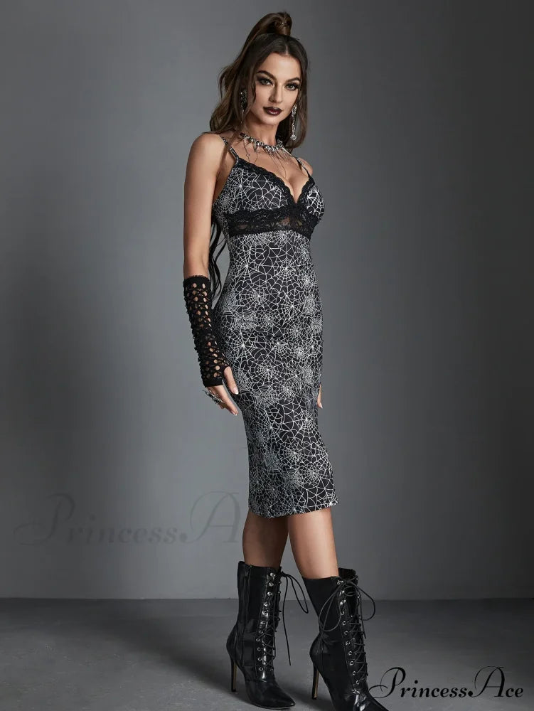Spider Web Print Lace Trim Sexy Hollow Out V Neck Chest Wrapping Bodycon Dress