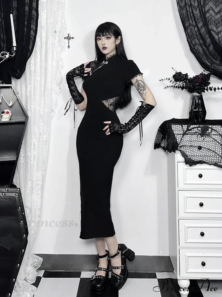 Spliced Cheongsam Vintage Lace Patchwork Bodycon Slim Chinese Short Sleeveless Dress Black / Xs