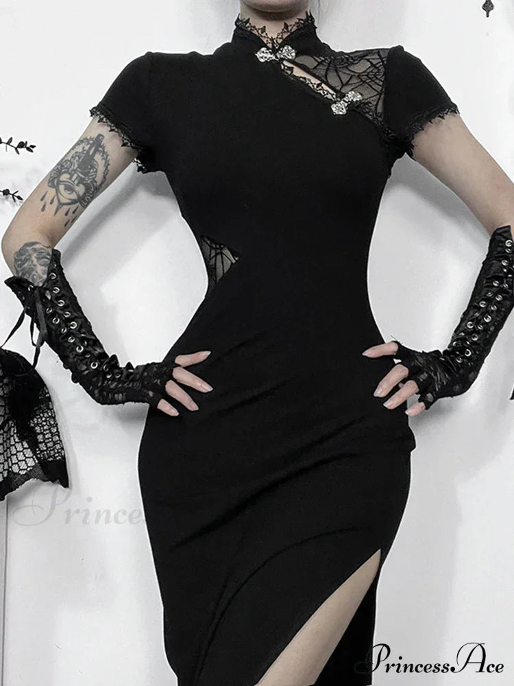 Spliced Cheongsam Vintage Lace Patchwork Bodycon Slim Chinese Short Sleeveless Dress