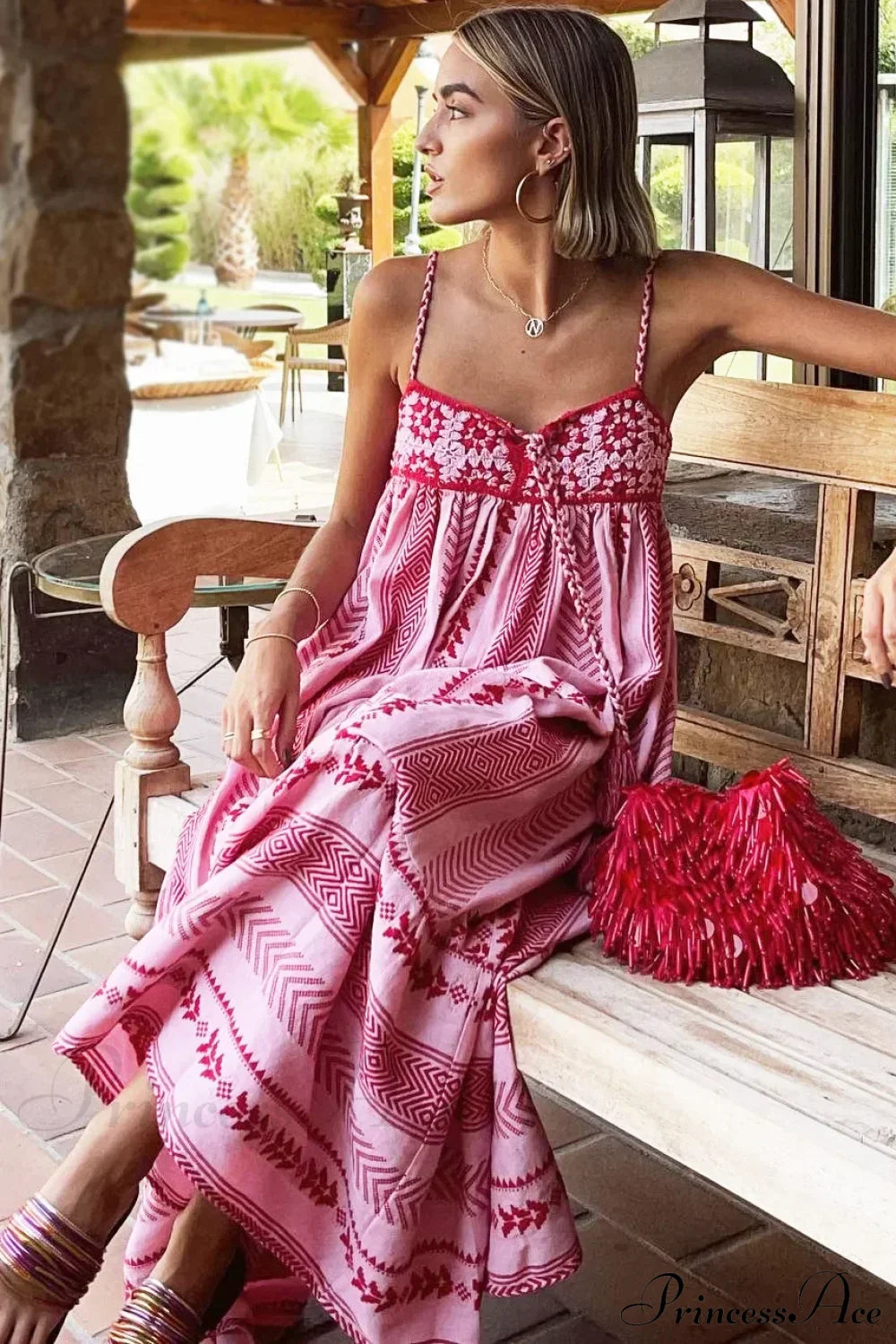 Spliced Crochet Strap Boho Dress Pink / S bohodress-250126