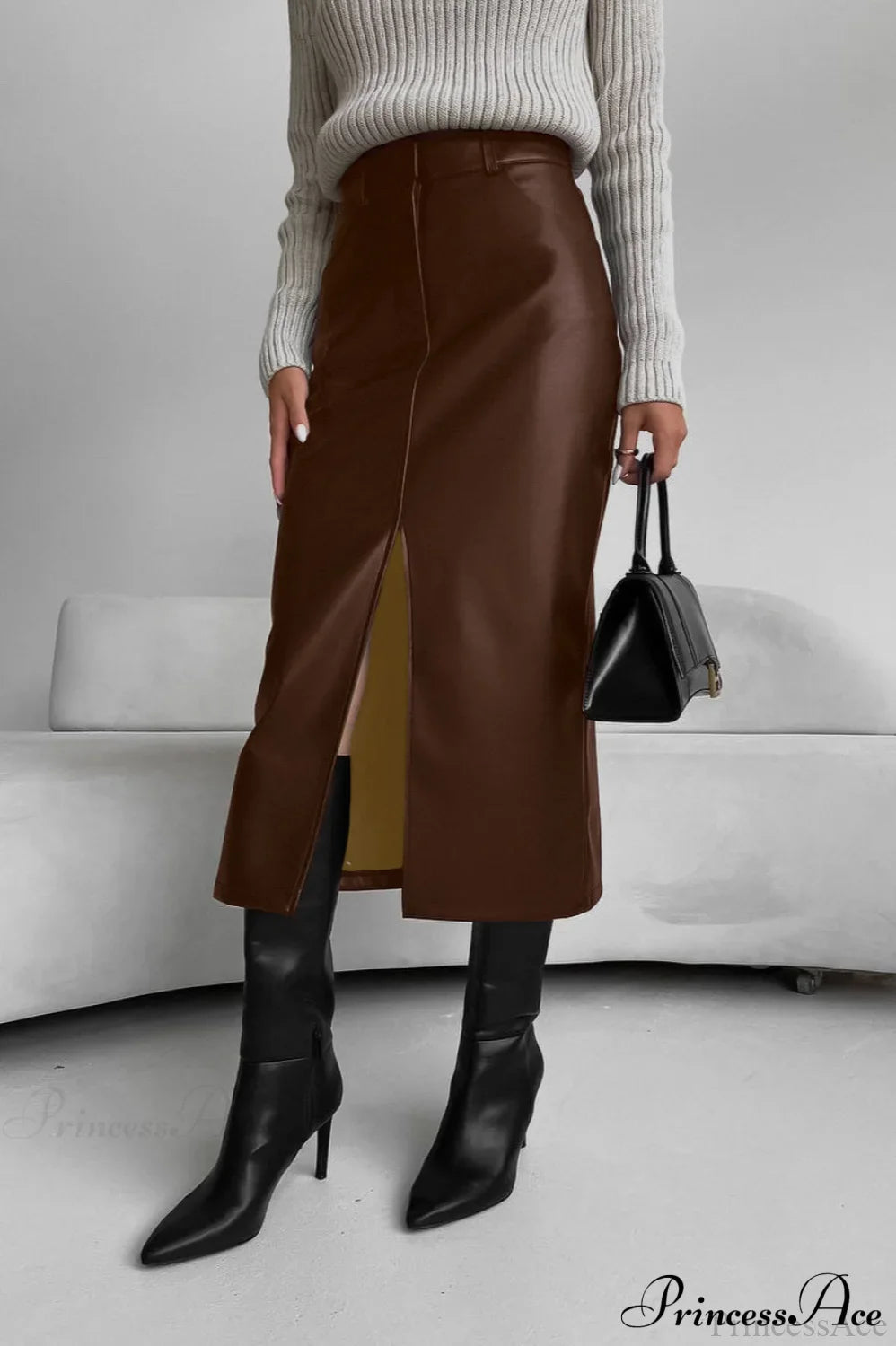 Split Design Fleece Lined Faux Leather Vintage Skirt Brown / S