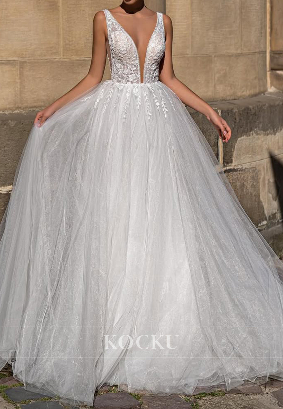 Plunging V - Neck Sleeveless Open Back Ballgown Wedding Dress with Lace Embroidery
