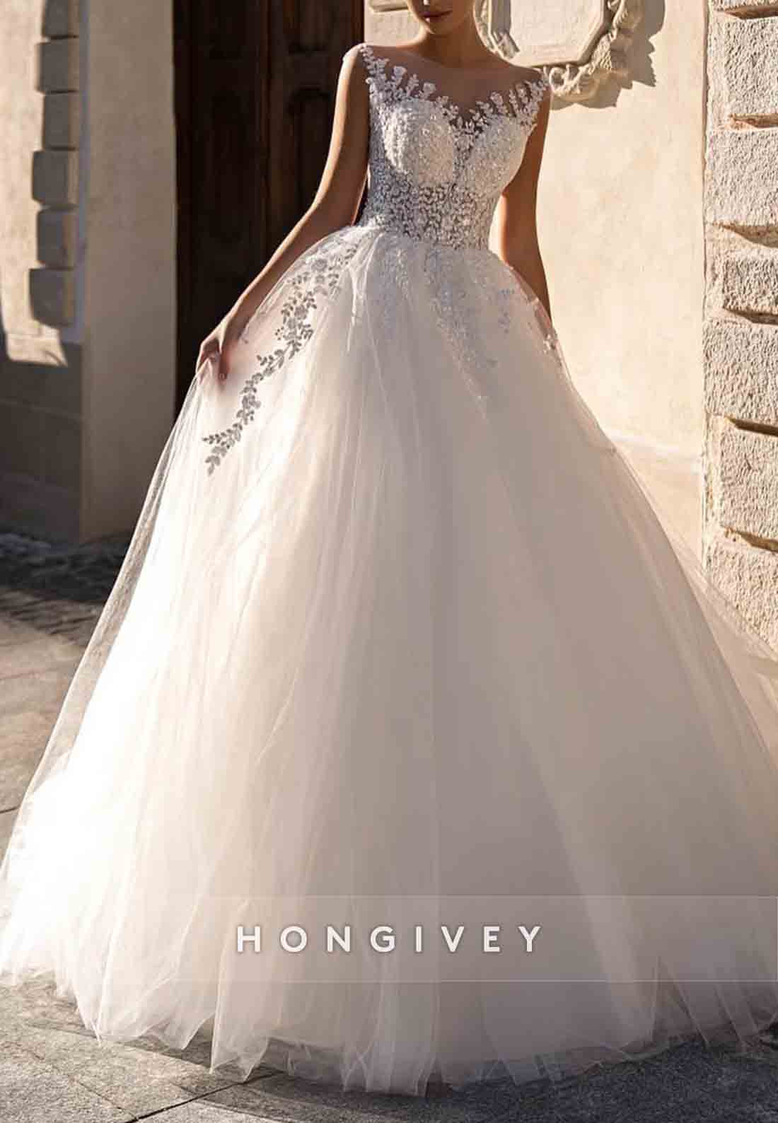 Princess Floor-Length Illusion Neck Tulle Sleeveless Appliqued Wedding Dresses