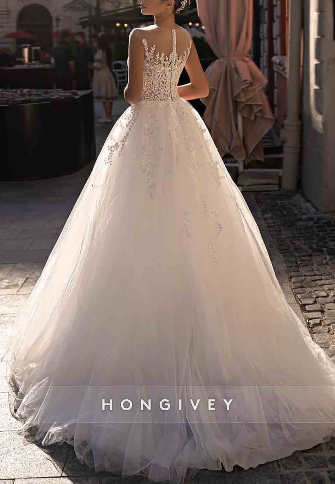 Princess Floor-Length Illusion Neck Tulle Sleeveless Appliqued Wedding Dresses