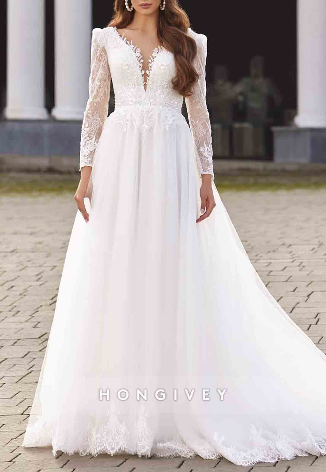 Lace Cut out Back A-line V Neck Court Train Long Sleeve Wedding Dresses
