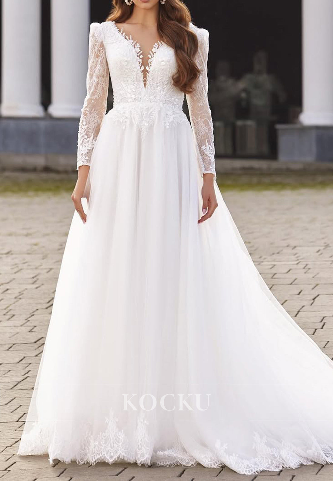 Deep V - Neck Lace Long Sleeve Tulle Wedding Dress with Open Back Embroidery
