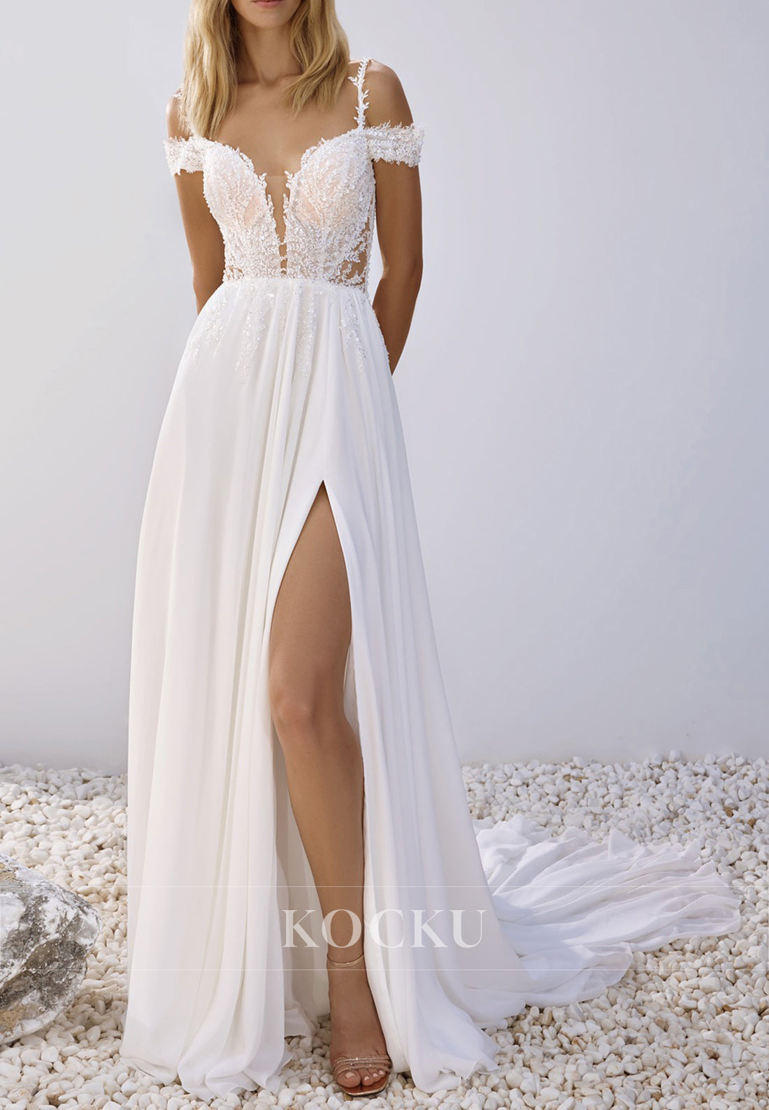 Cold - Shoulder Lace - Embroidered Wedding Dress with Sheer Bodice, High Slit & Train