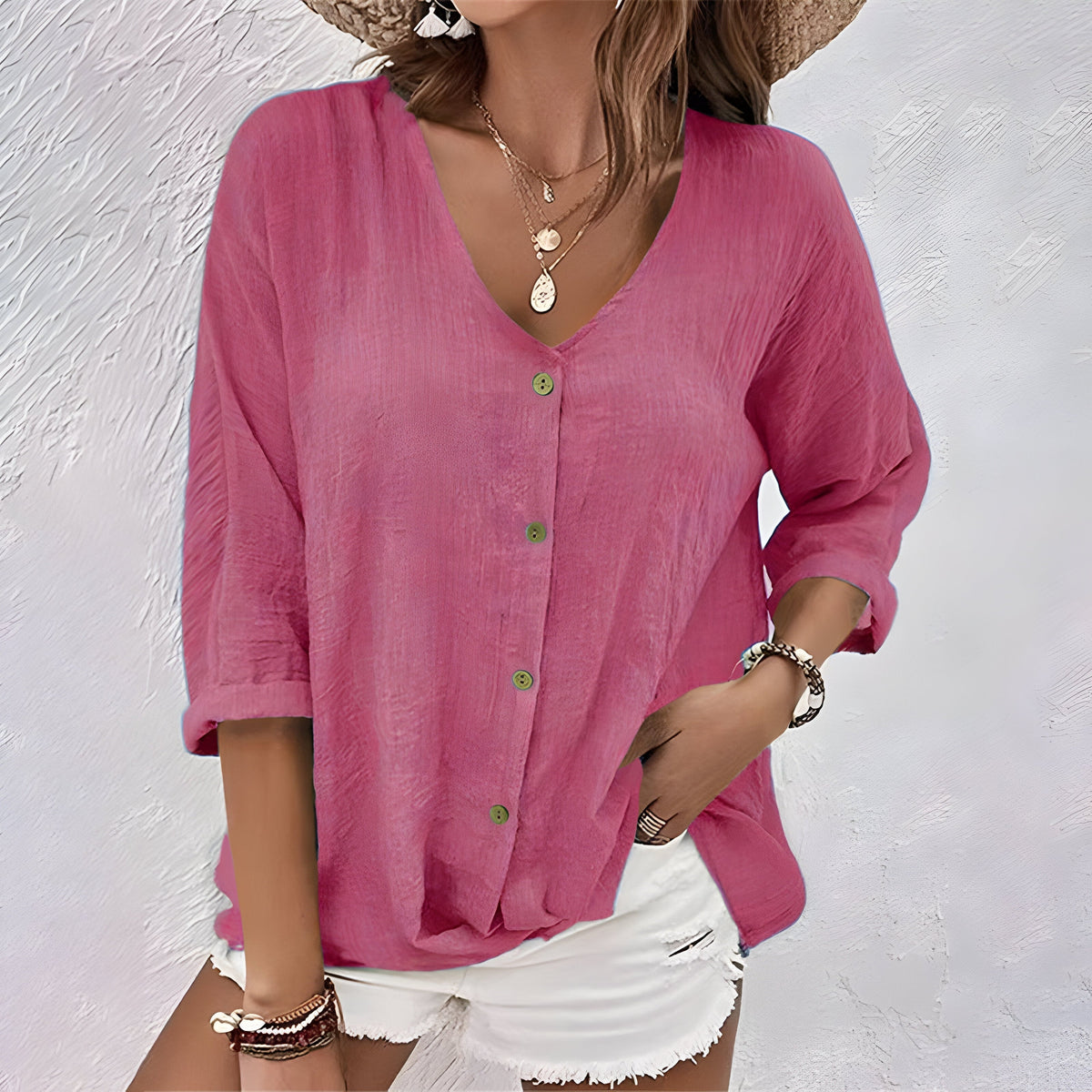 V-Neck Button Front Roll Sleeve Linen Look Blouse 5