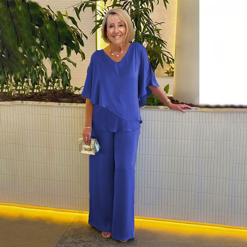 Cape Overlay Top and Wide Leg Pants Two Piece Set