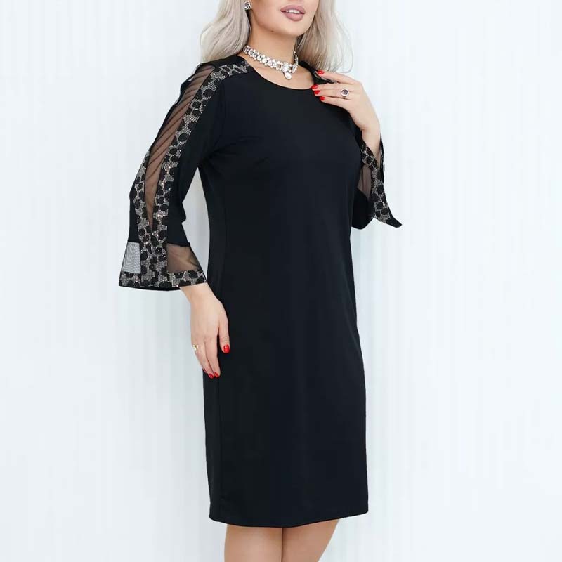 Rhinestone Trim Mesh Insert 3/4 Sleeve Shift Midi Dress