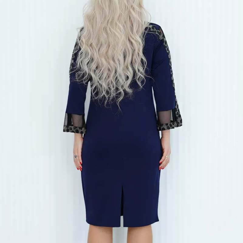 Rhinestone Trim Mesh Insert 3/4 Sleeve Shift Midi Dress - View 2
