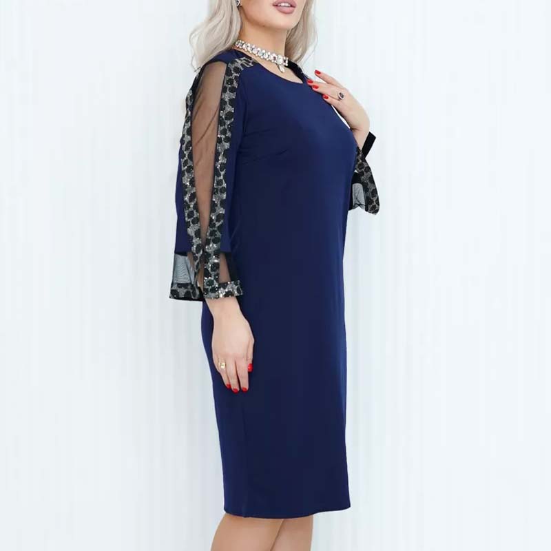 Rhinestone Trim Mesh Insert 3/4 Sleeve Shift Midi Dress - View 3