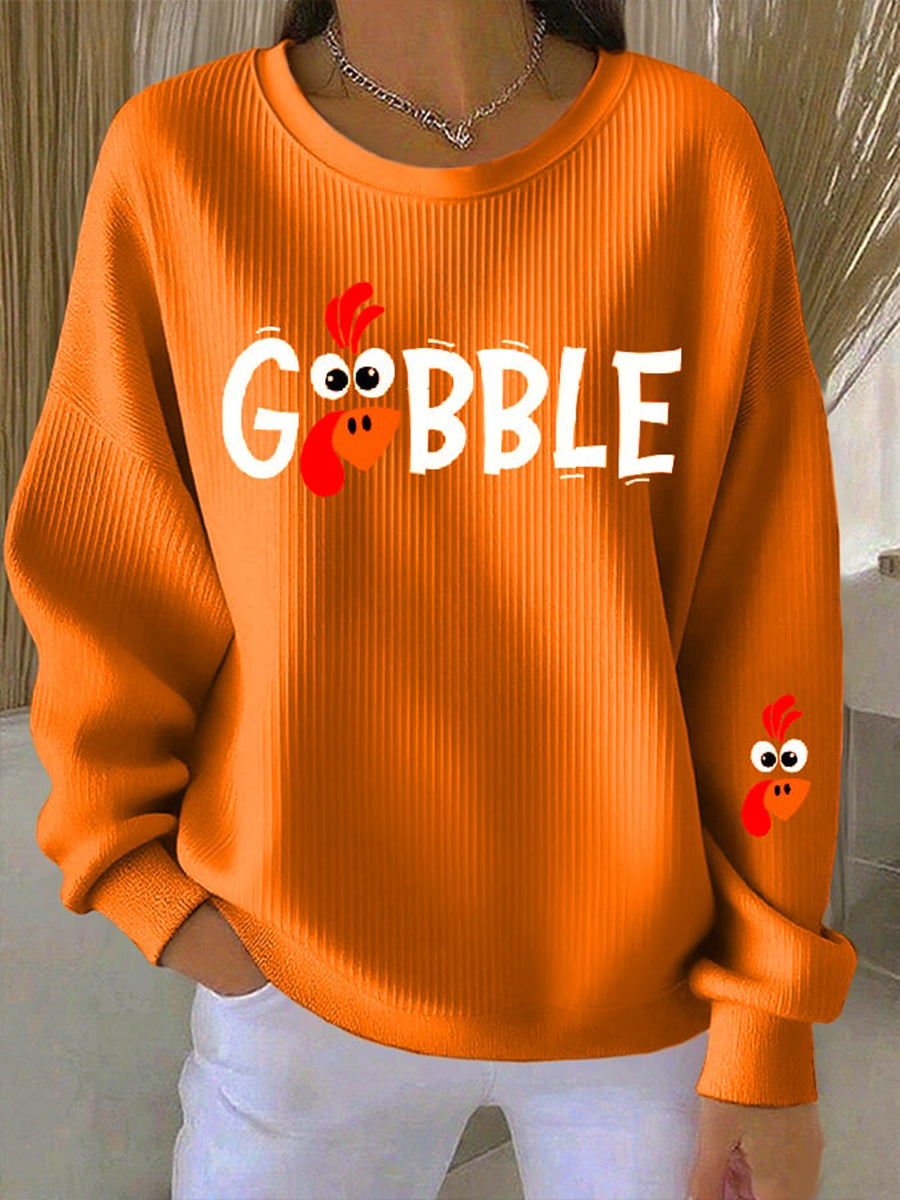 Gobble Turkey Print Ribbed Crew Neck Sweatshirt