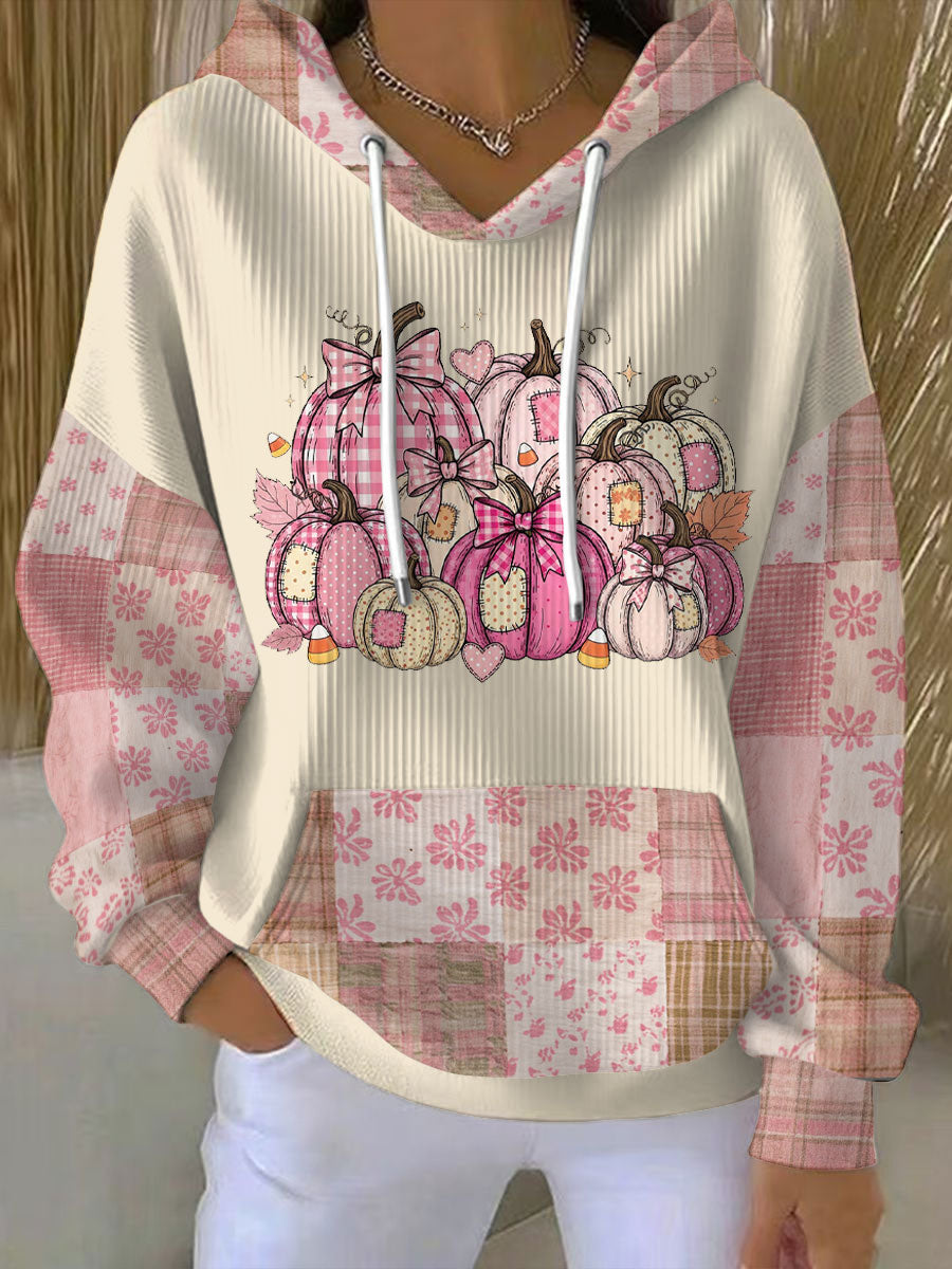 Hooded Drawstring Pumpkin Patchwork Print Sweatshirt